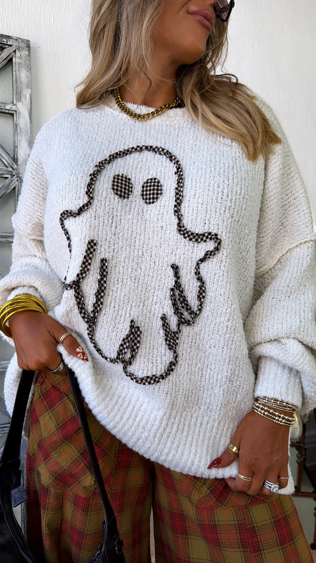 Ghostly Gingham Sweater, Ivory