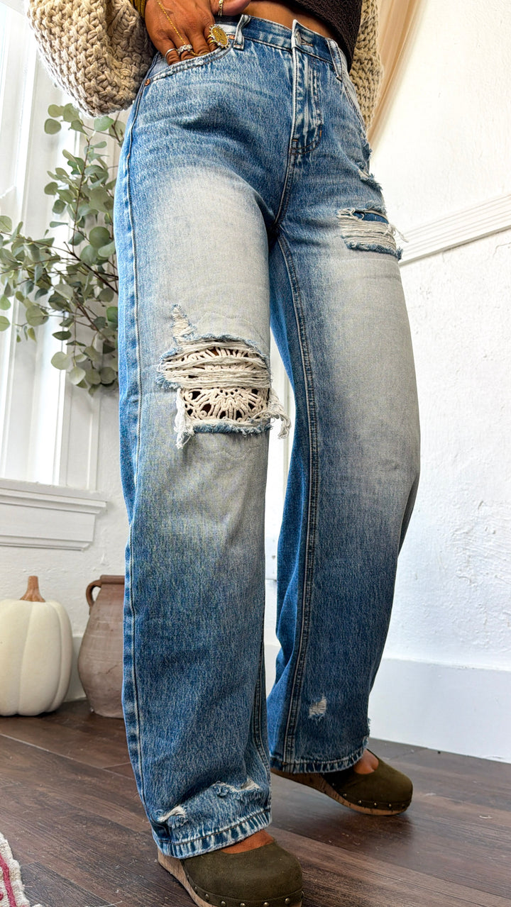 Crochet Distressed Detailed Jeans, Medium Light