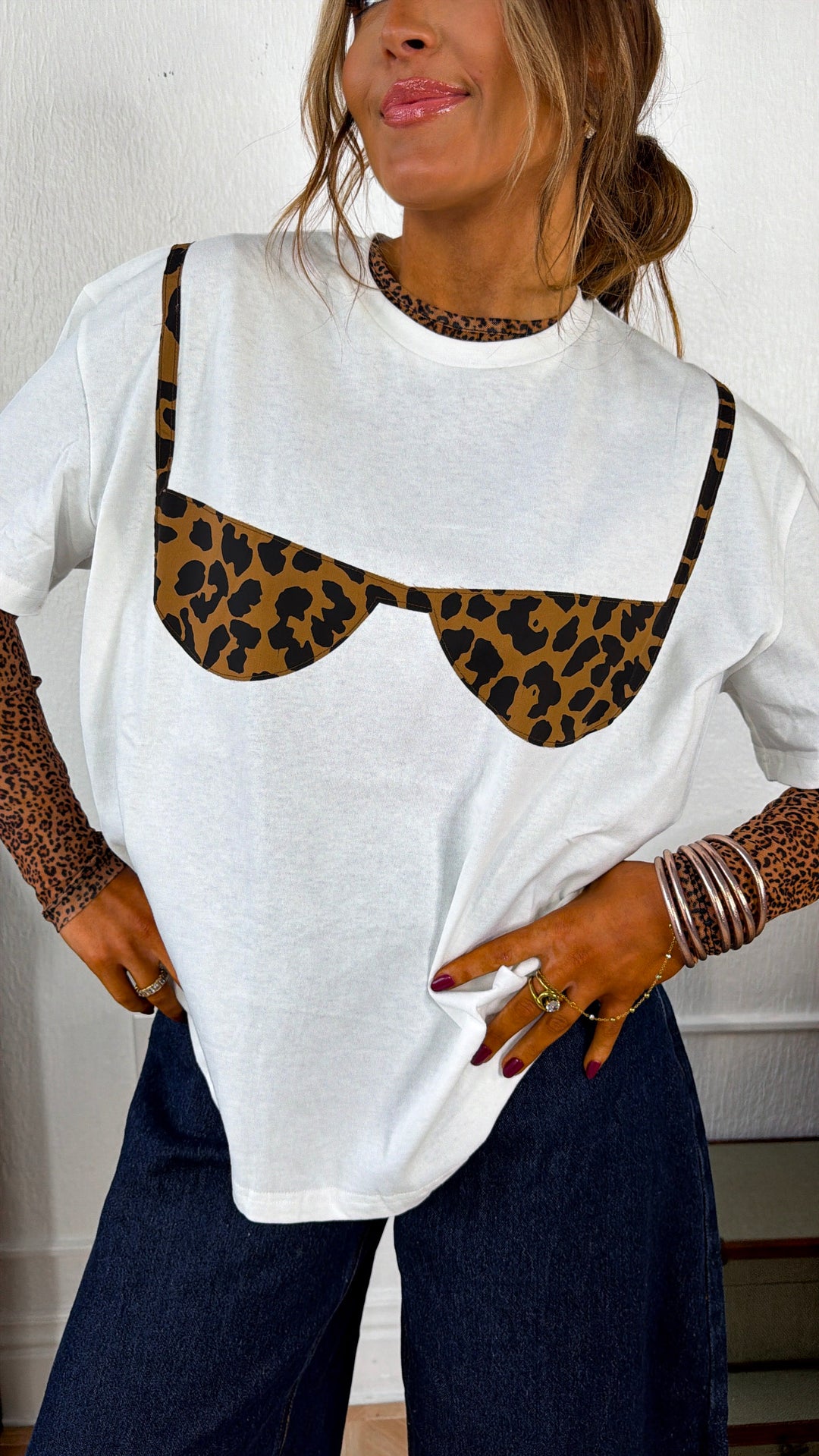 Beach Side Bikini Graphic Tee, Ivory Leopard
