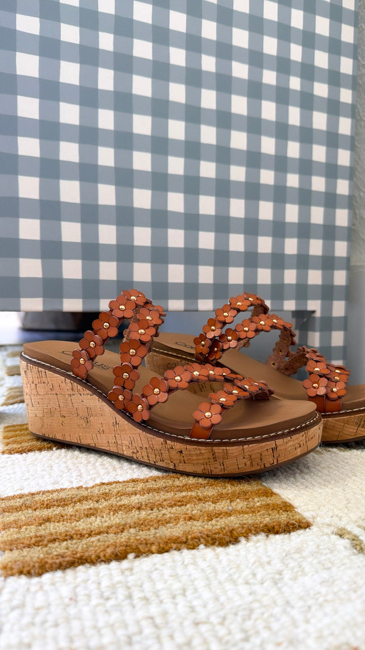 Floral Strap Plattform Wedge, Cognac