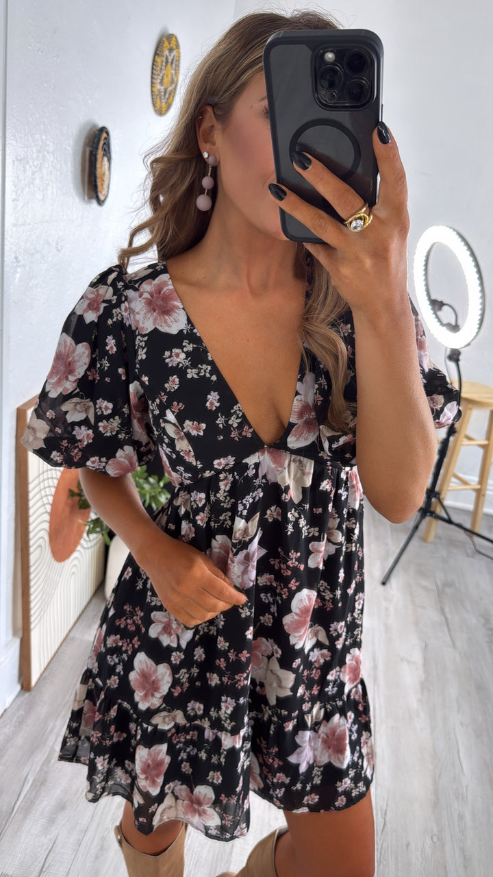 Della Dainty Floral Bubble Sleeve Mini Dress, Fall Black Multi