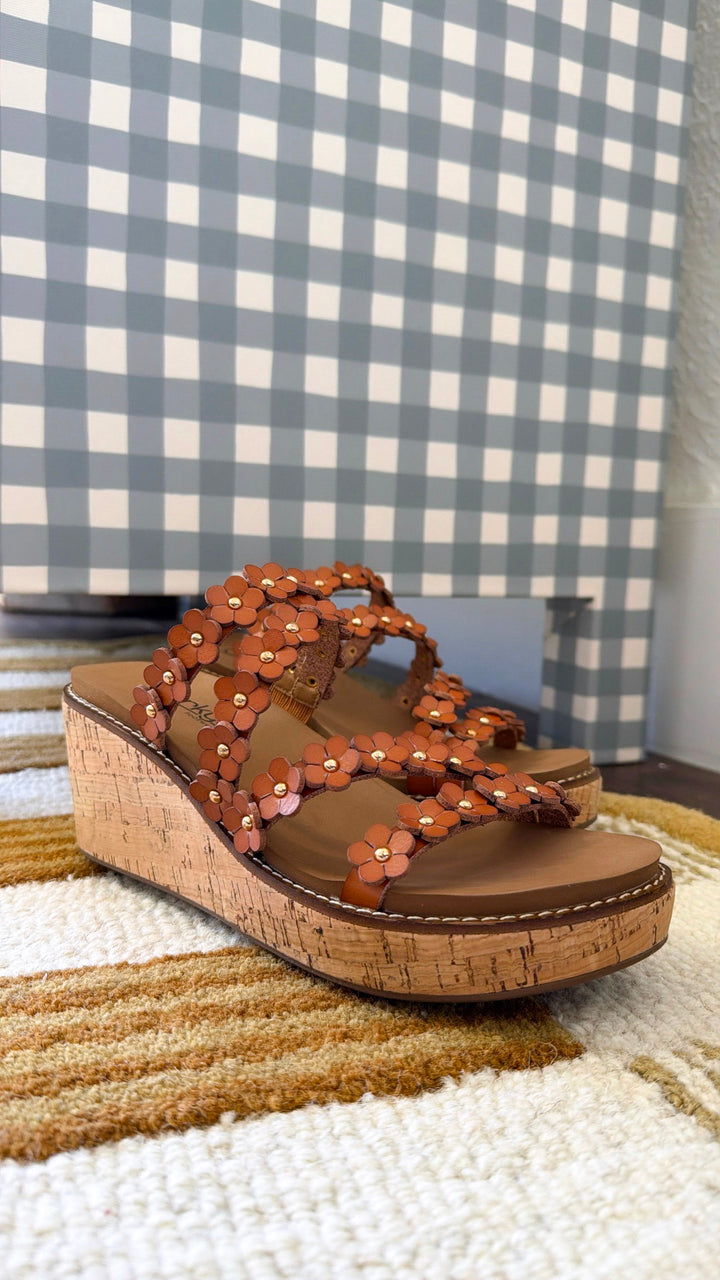 Floral Strap Plattform Wedge, Cognac