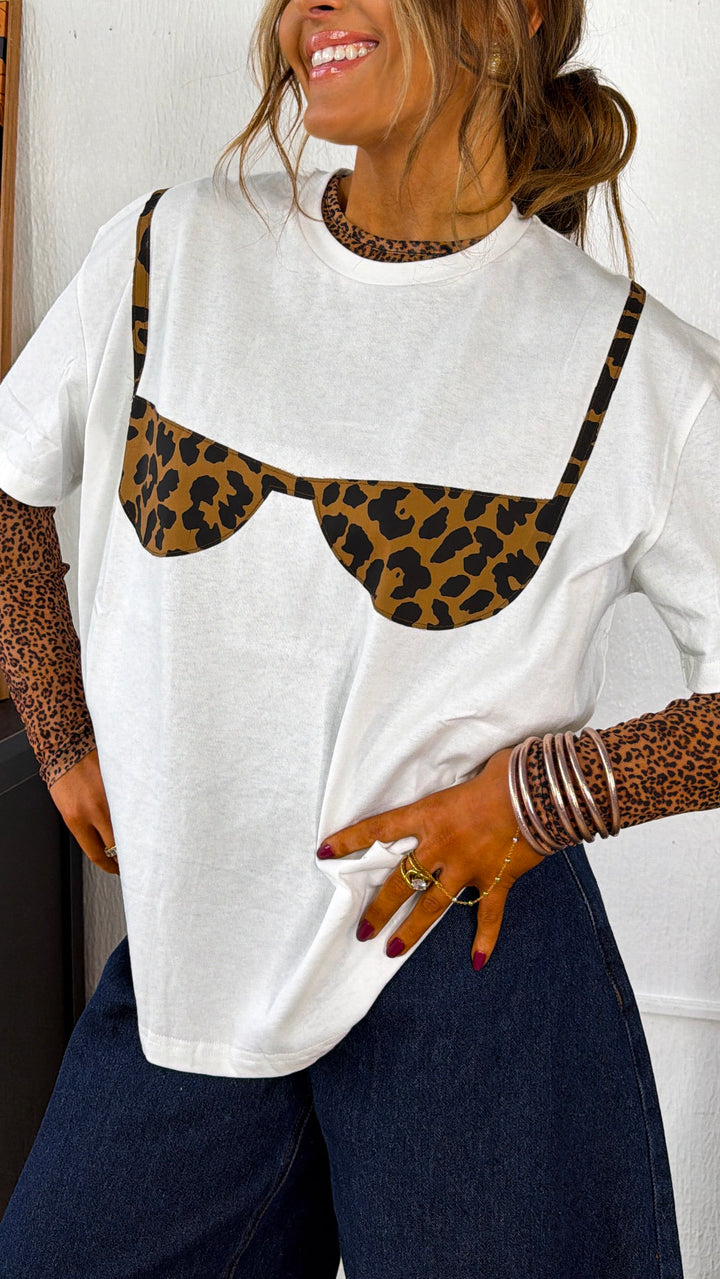 Beach Side Bikini Graphic Tee, Ivory Leopard