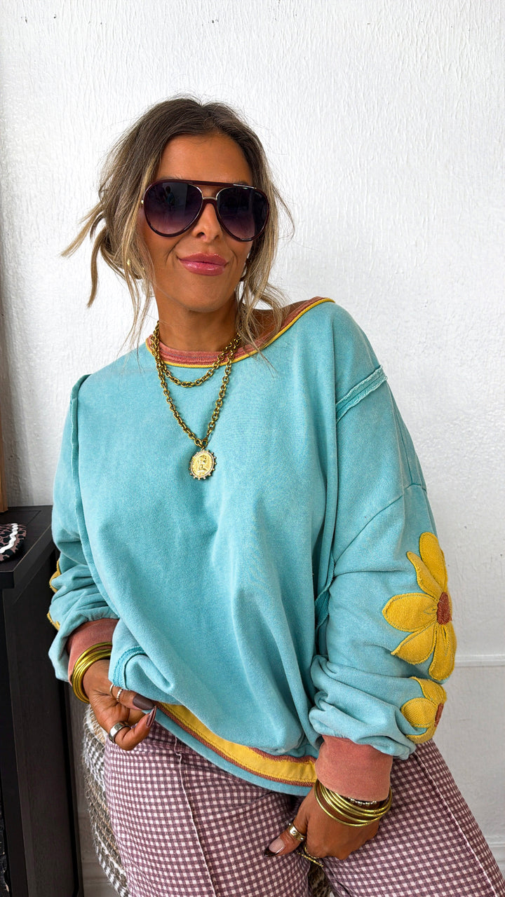 Daisy Jo Patched Crewneck, Seafoam