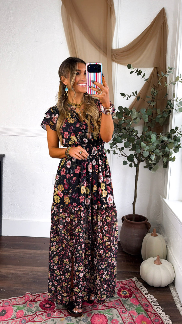 Ruffled Smocked Maxi Dress, Black/Rust