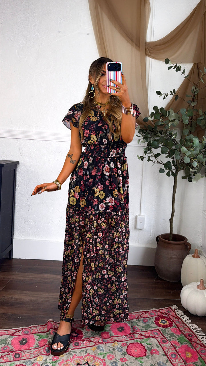 Ruffled Smocked Maxi Dress, Black/Rust