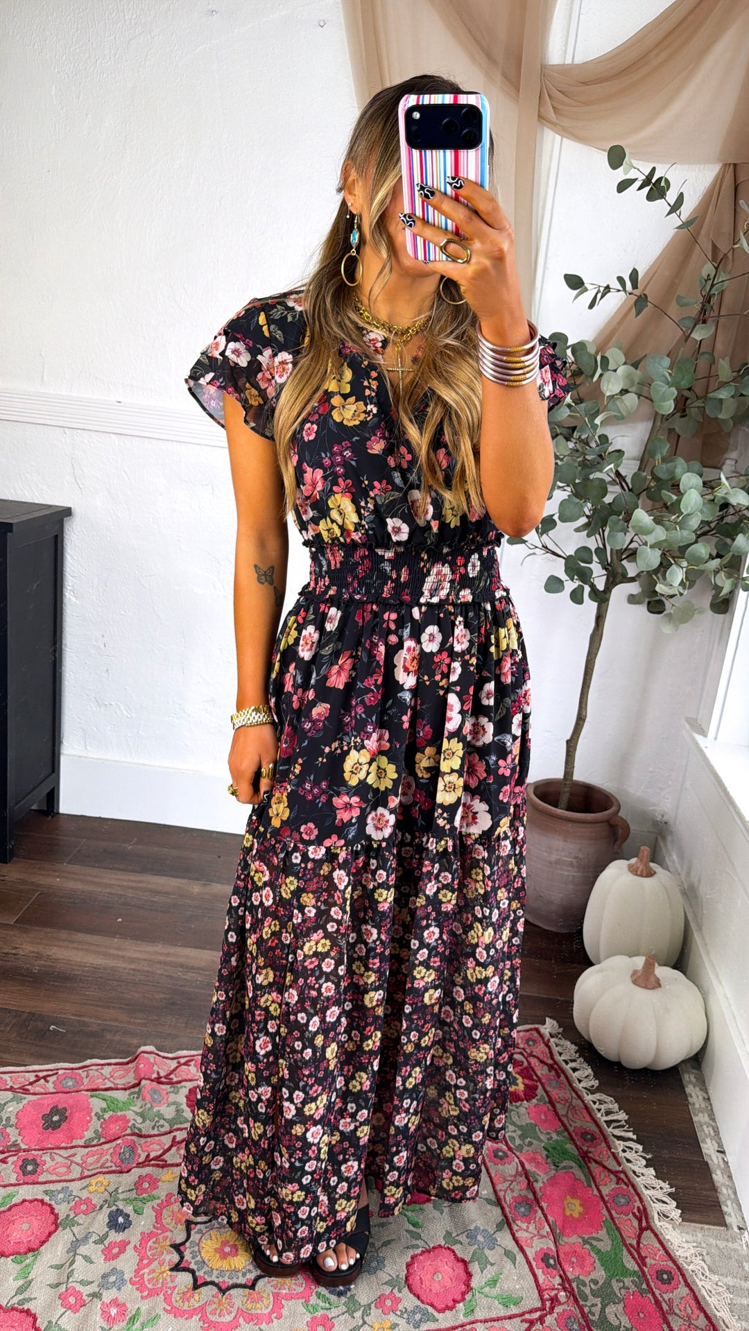 Ruffled Smocked Maxi Dress, Black/Rust