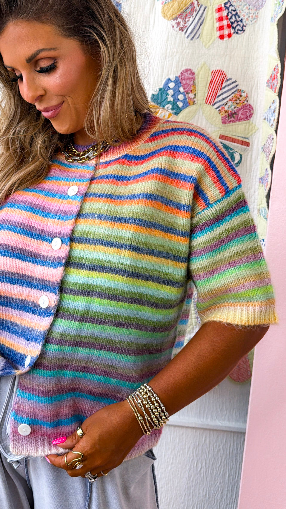 Rainbow Knit Button Up, Rainbow
