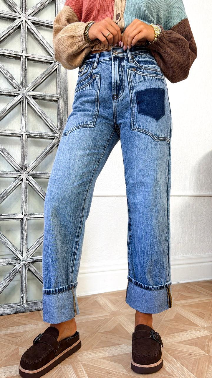 Xander High Rise Patched Pocket Jeans