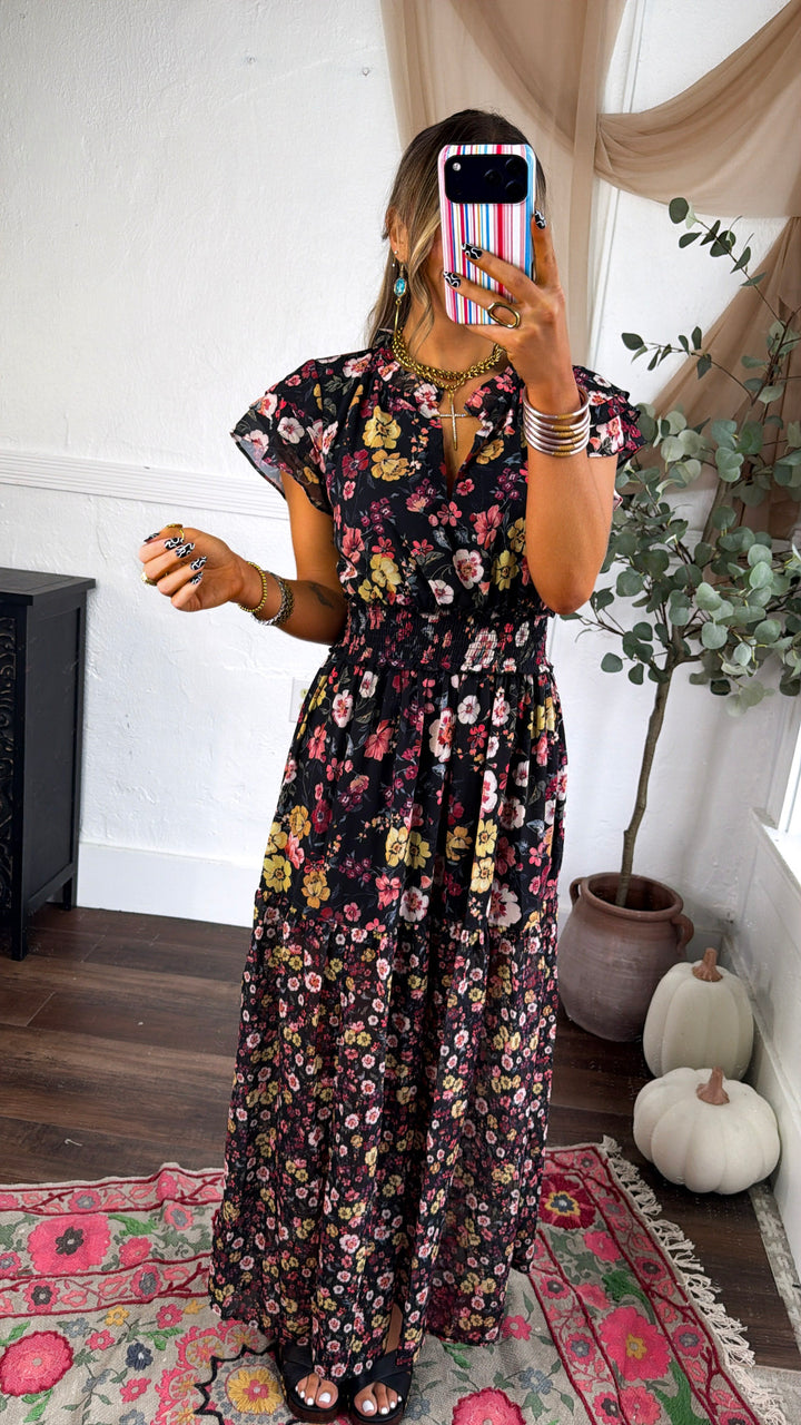 Ruffled Smocked Maxi Dress, Black/Rust