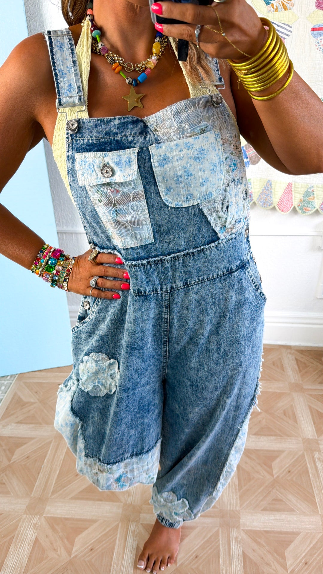 Sun Fade Floral Overalls, Denim