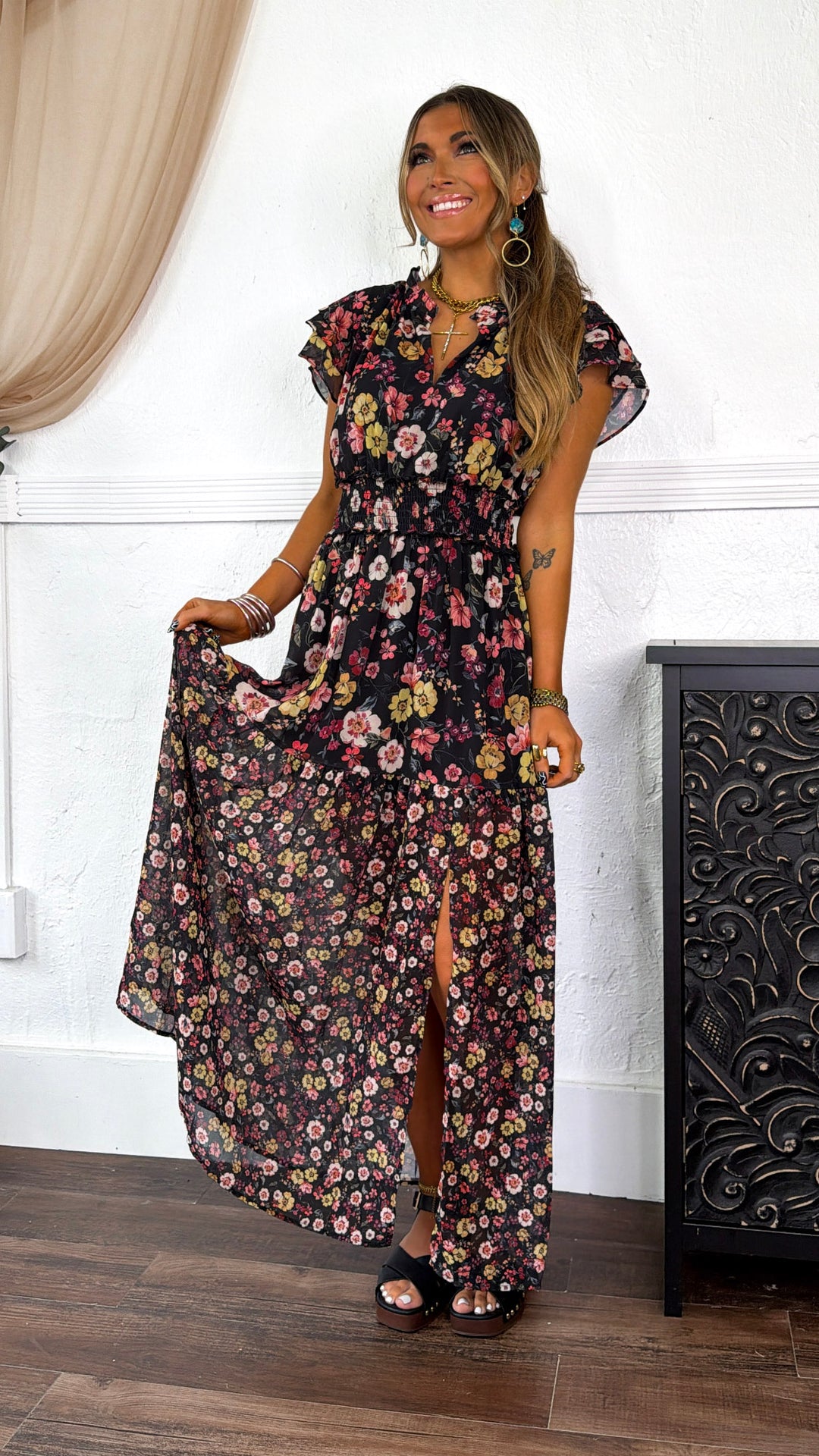 Ruffled Smocked Maxi Dress, Black/Rust
