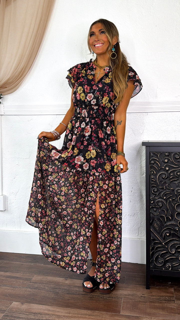 Ruffled Smocked Maxi Dress, Black/Rust