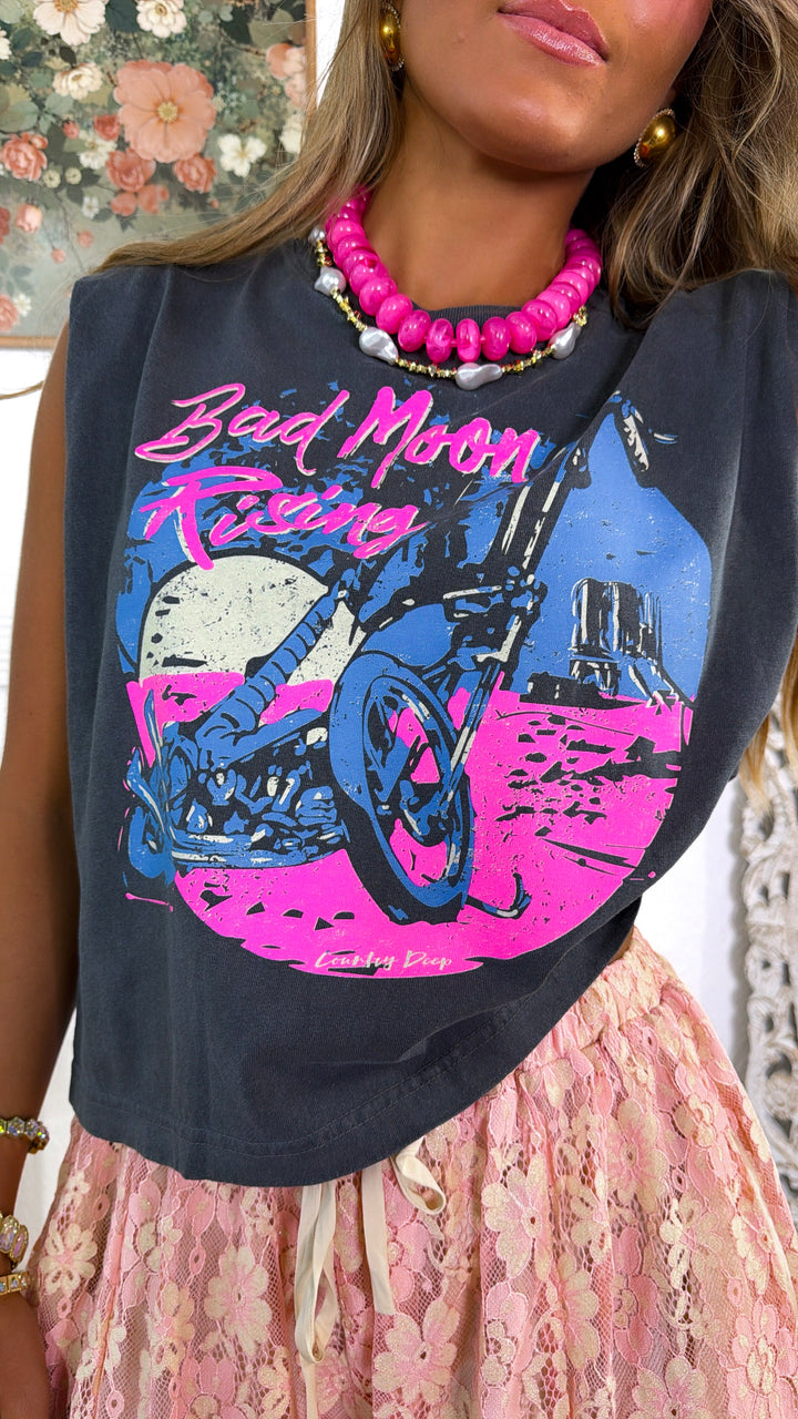 Bad Moon Rising Muscle Tee, Faded Black