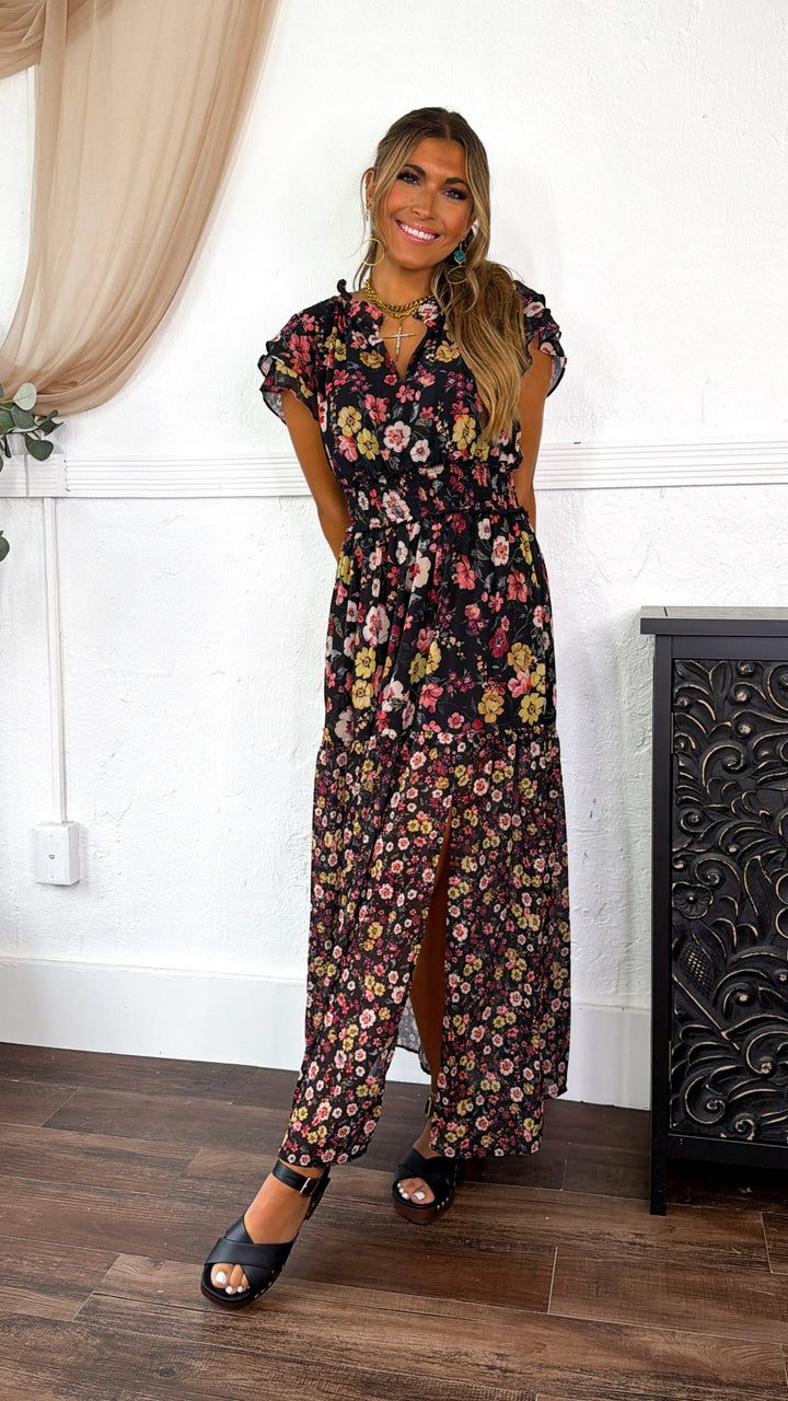 Ruffled Smocked Maxi Dress, Black/Rust