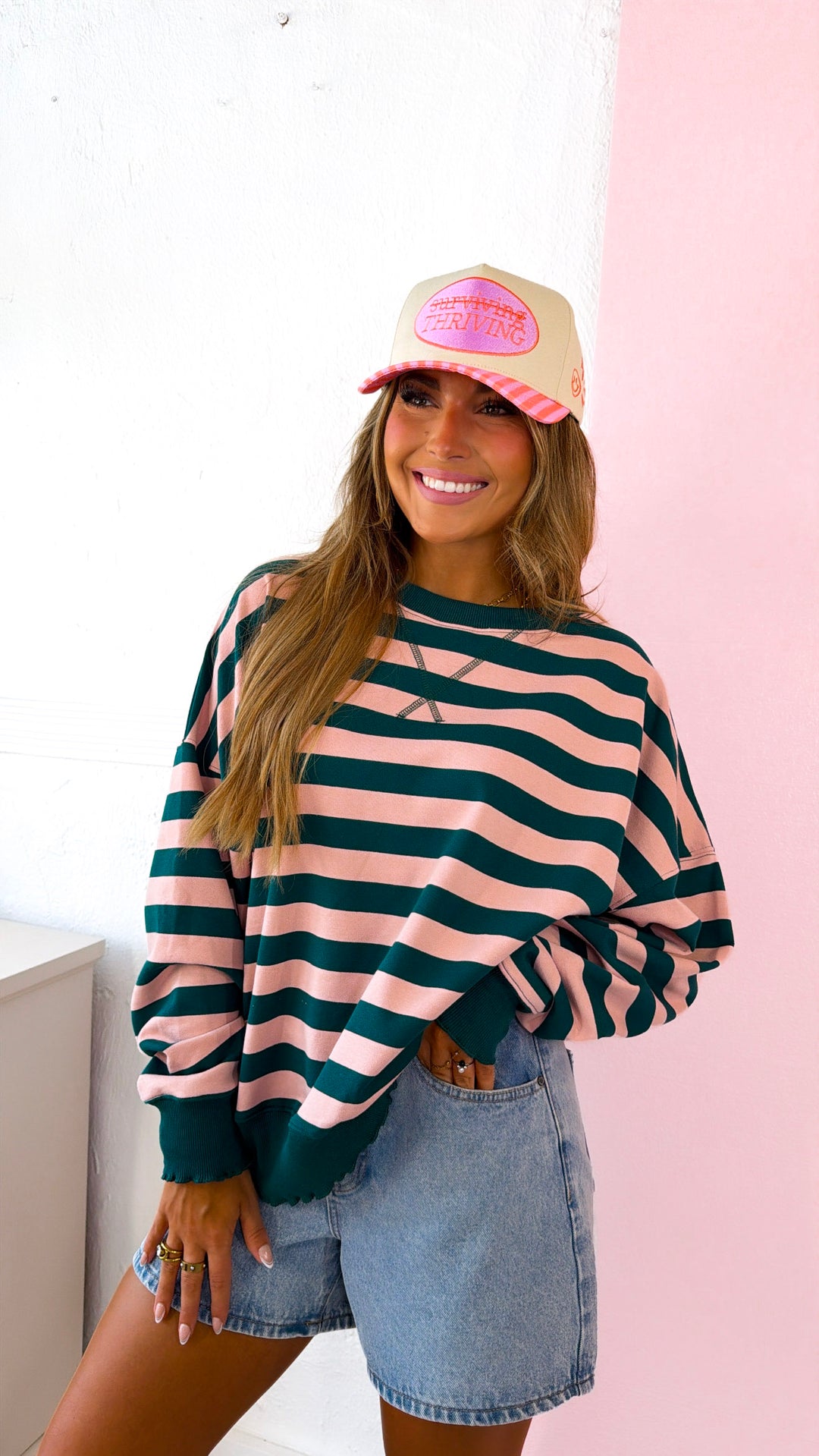 Sweet Stripe Top, Teal/Dusty Pink