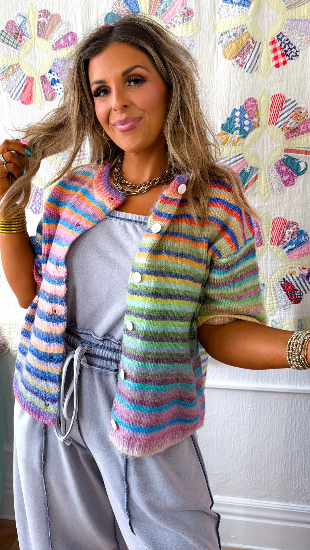 Rainbow Knit Button Up, Rainbow