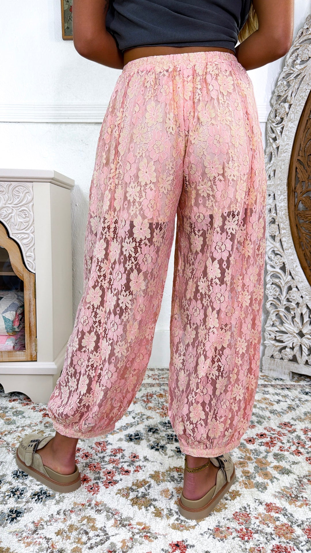 Floral Lace Balloon Joggers, Blush/Peach
