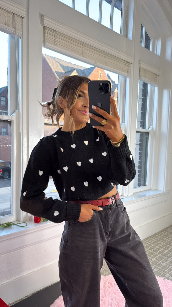 XOXO Heart Embroidered Pom Detailed Sweater, Black/Ivory