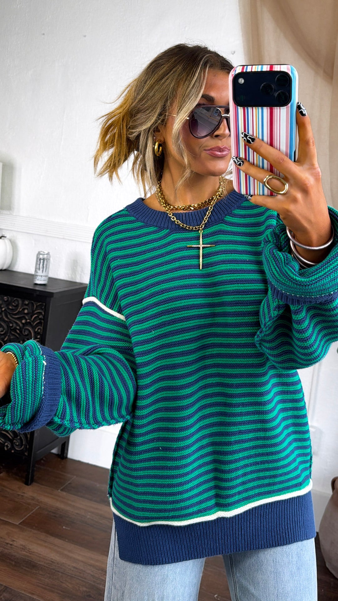 Retro Stripe Sweater, Green Combo
