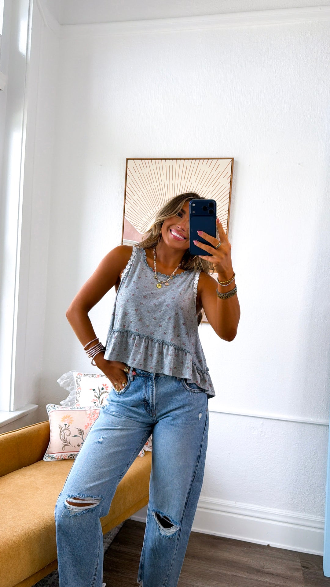 Carolina Floral Tank, Grey Multi