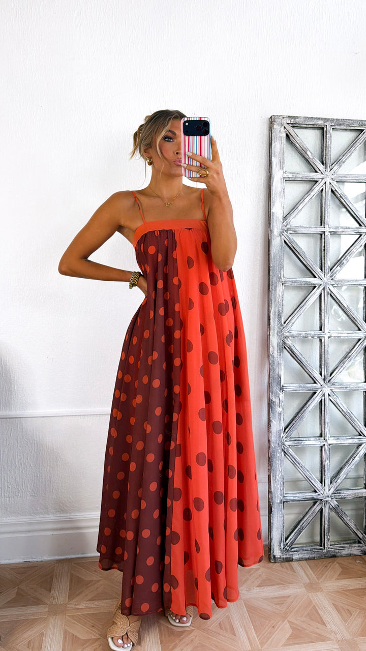 Polka Dot Color-Block Maxi Dress, Terracotta/Orange