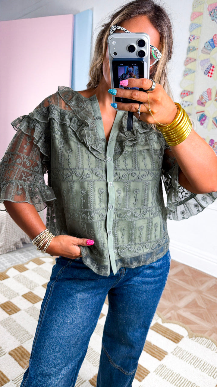 Oakwood Ruffled Blouse, Artichoke Grey