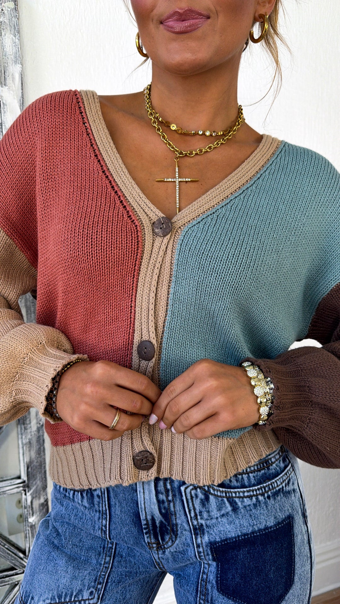 Soft Frame Knit Cardigan, Blue Multi