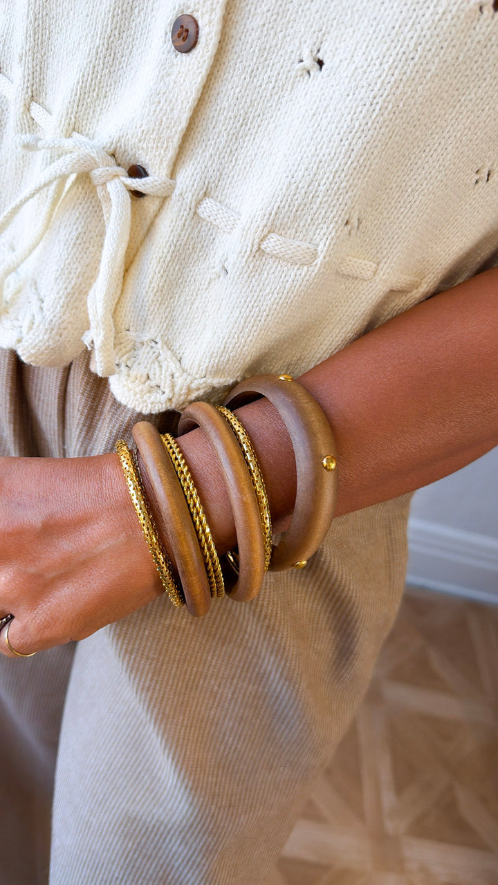 7 Row Wood & Metal Bangle Bracelet