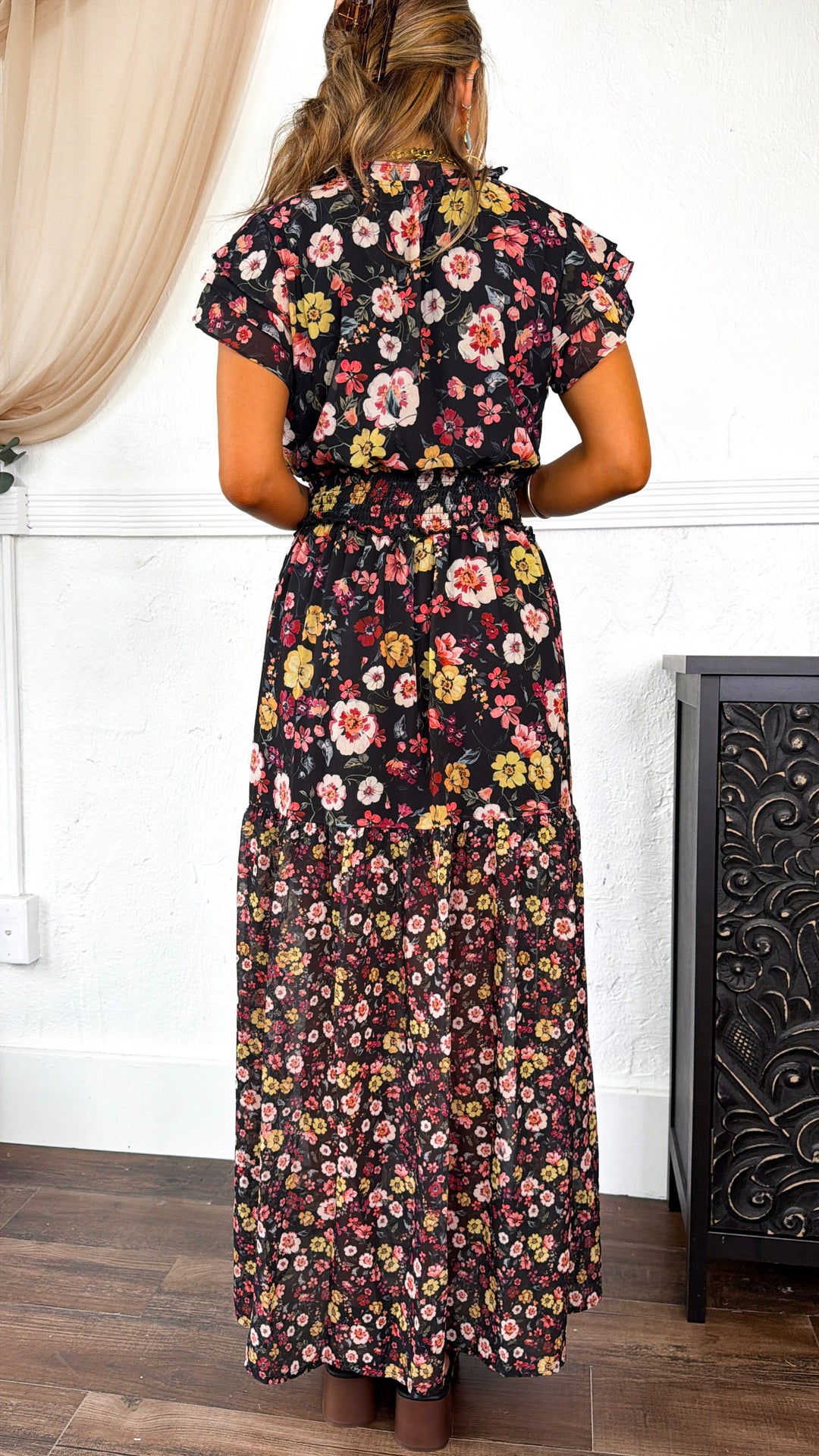 Ruffled Smocked Maxi Dress, Black/Rust