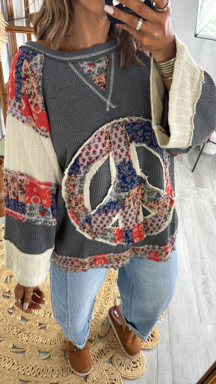 Patched Peace Top, Charcoal