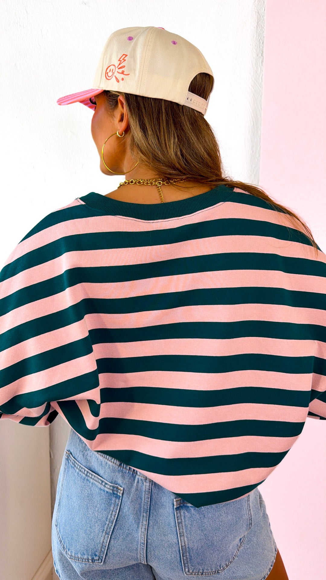 Sweet Stripe Top, Teal/Dusty Pink