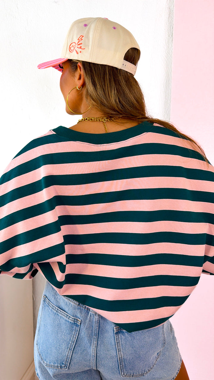 Sweet Stripe Top, Teal/Dusty Pink