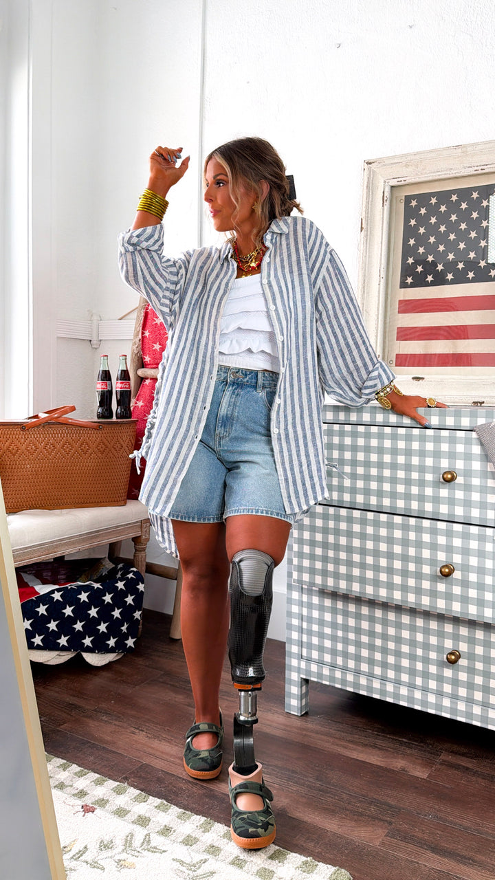 Adeline Striped Button Up, Navy Stripe