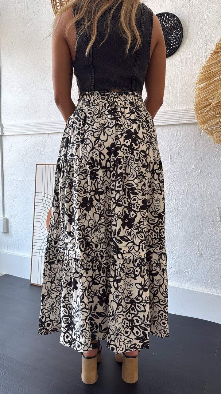 Picture Perfect Floral Tiered Midi Skirt, Black