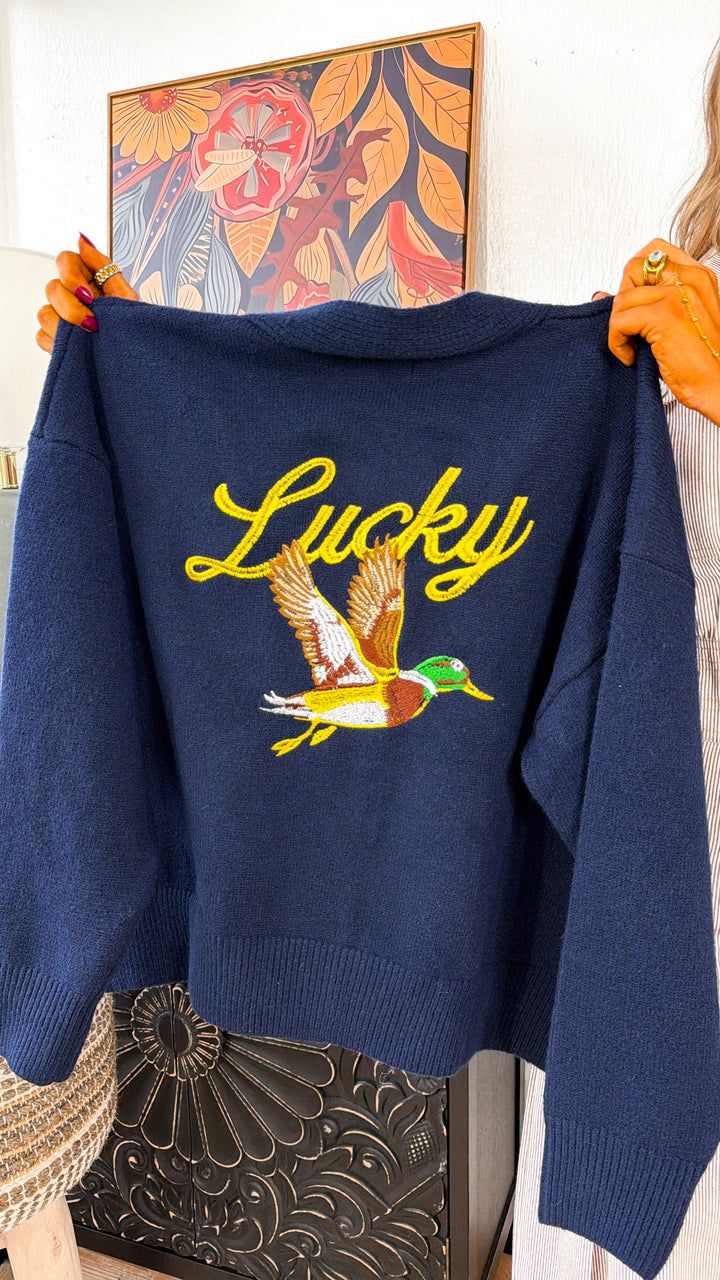 Lucky Duck Cardigan, Navy/Yellow