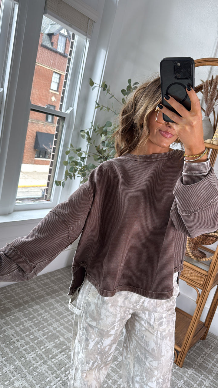 DOORBUSTER: Acid Washed Ribbed Cropped Pullover, Brown