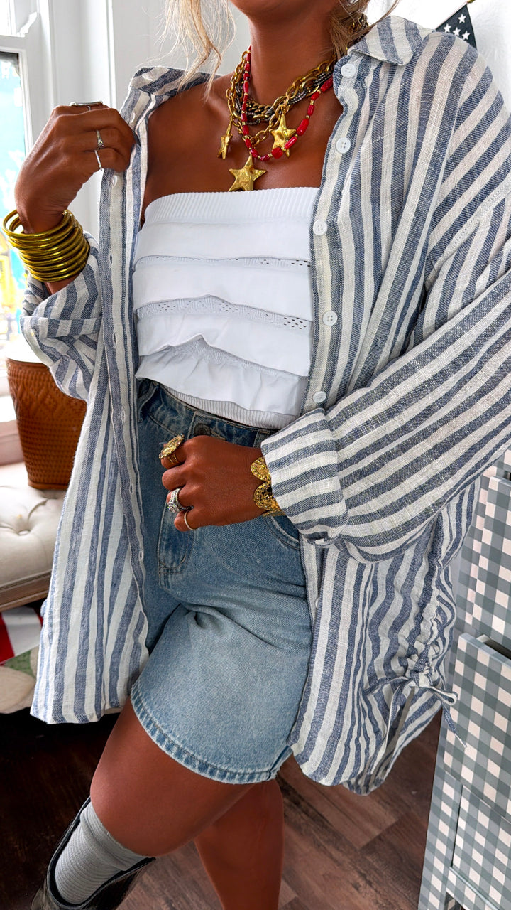 Adeline Striped Button Up, Navy Stripe