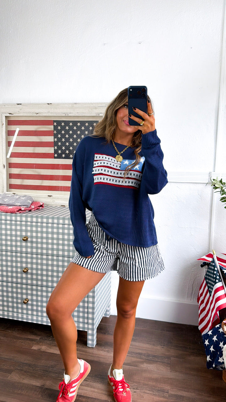 American Flag Relaxed Sweater, Navy