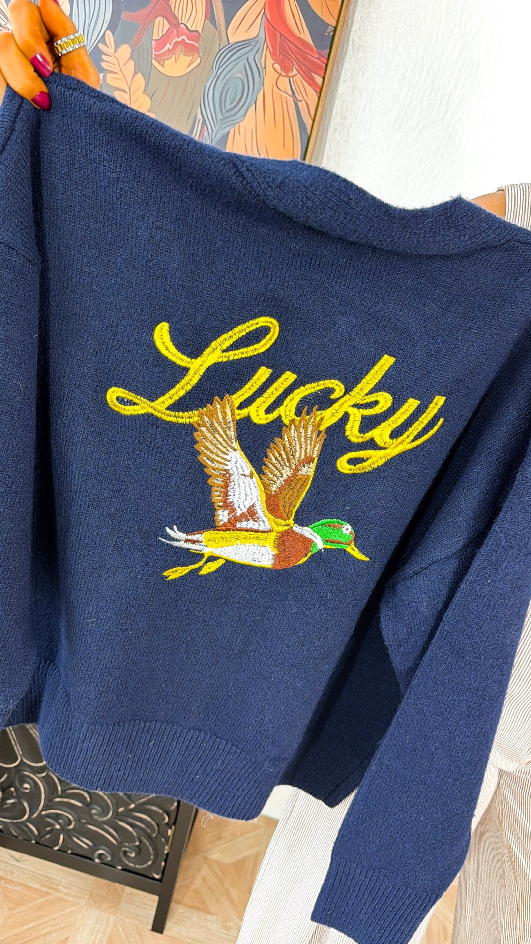 Lucky Duck Cardigan, Navy/Yellow