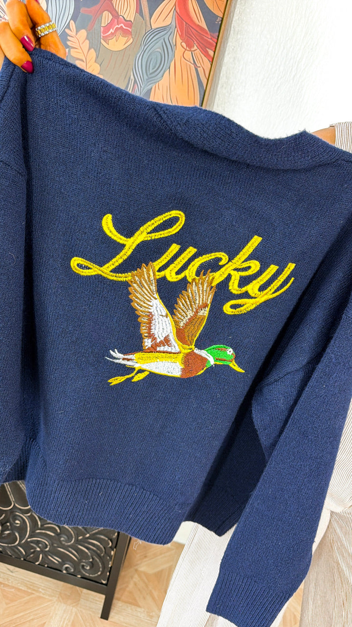Lucky Duck Cardigan, Navy/Yellow