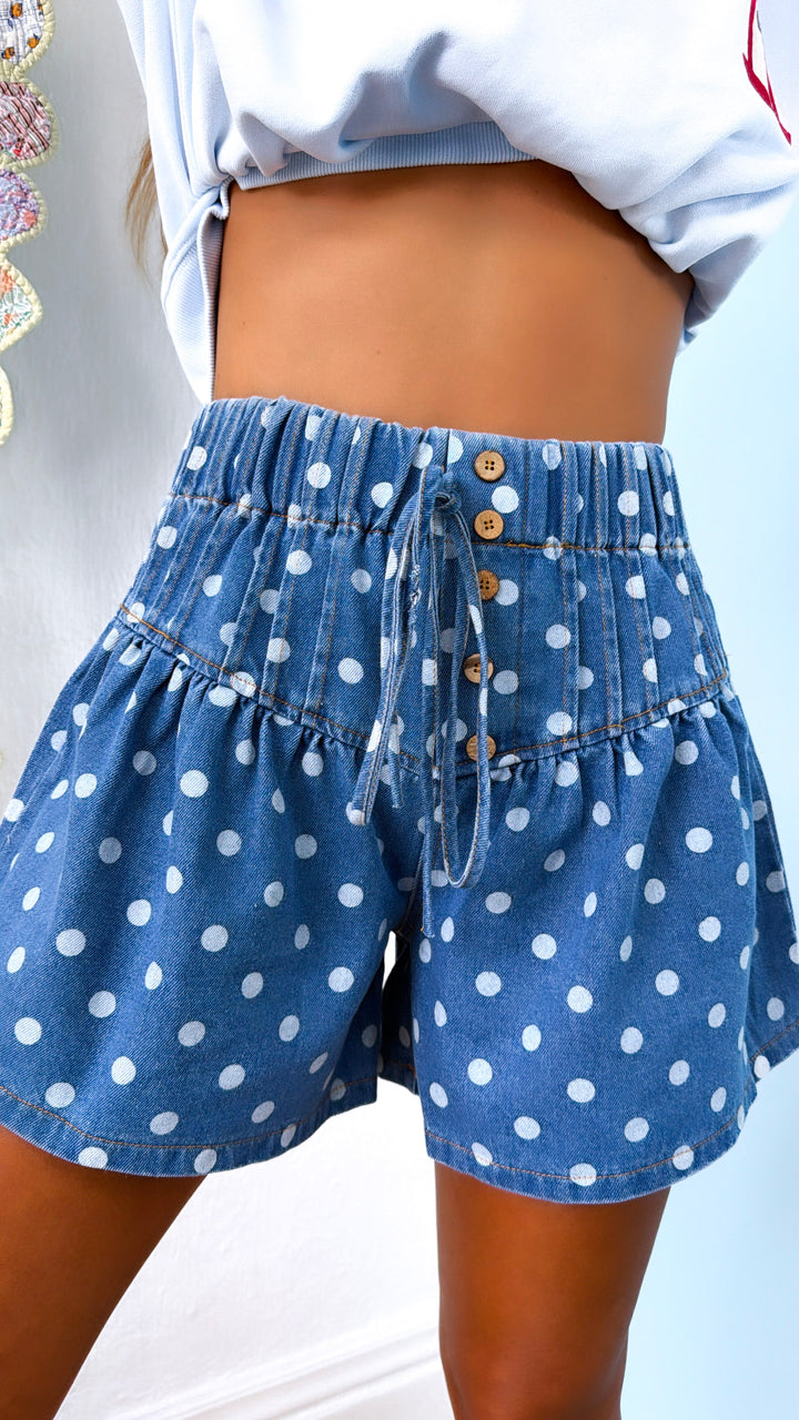 Polka Dot Denim Short, Denim Blue