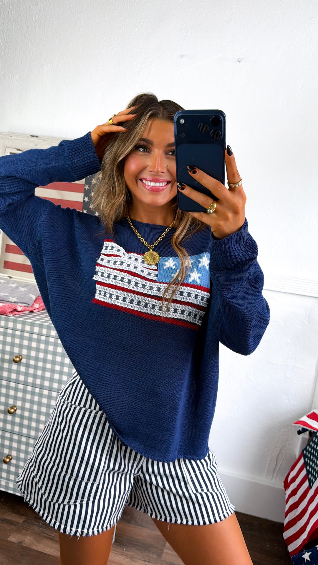 American Flag Relaxed Sweater, Navy