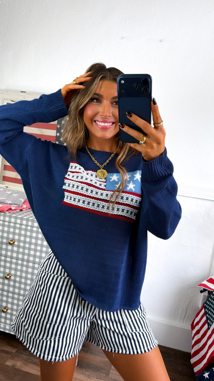 American Flag Relaxed Sweater, Navy