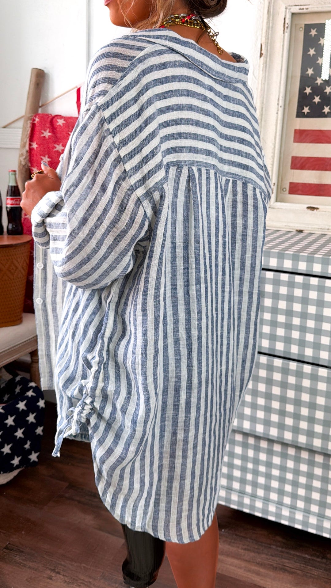 Adeline Striped Button Up, Navy Stripe