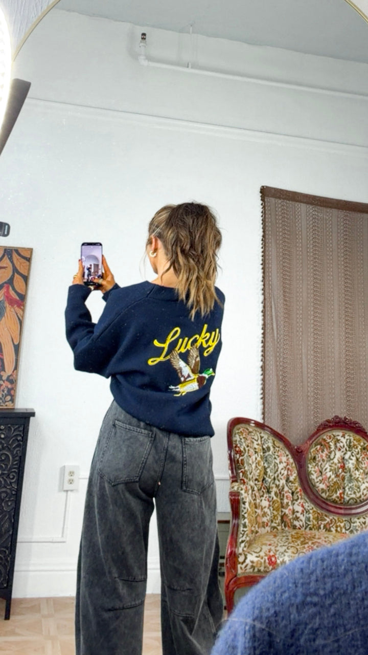 Lucky Duck Cardigan, Navy/Yellow