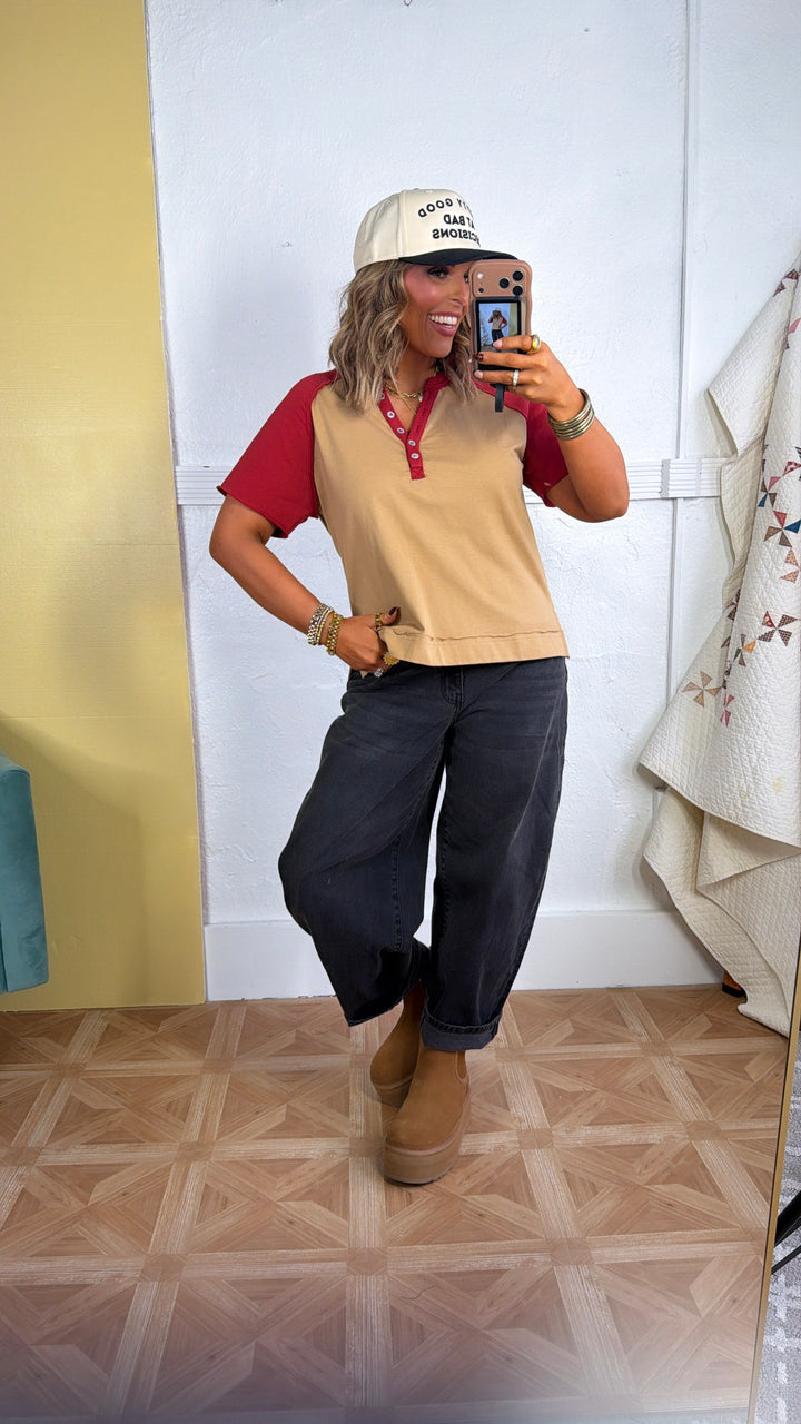 Edge Detail Colorblock Top, Mocha/Red