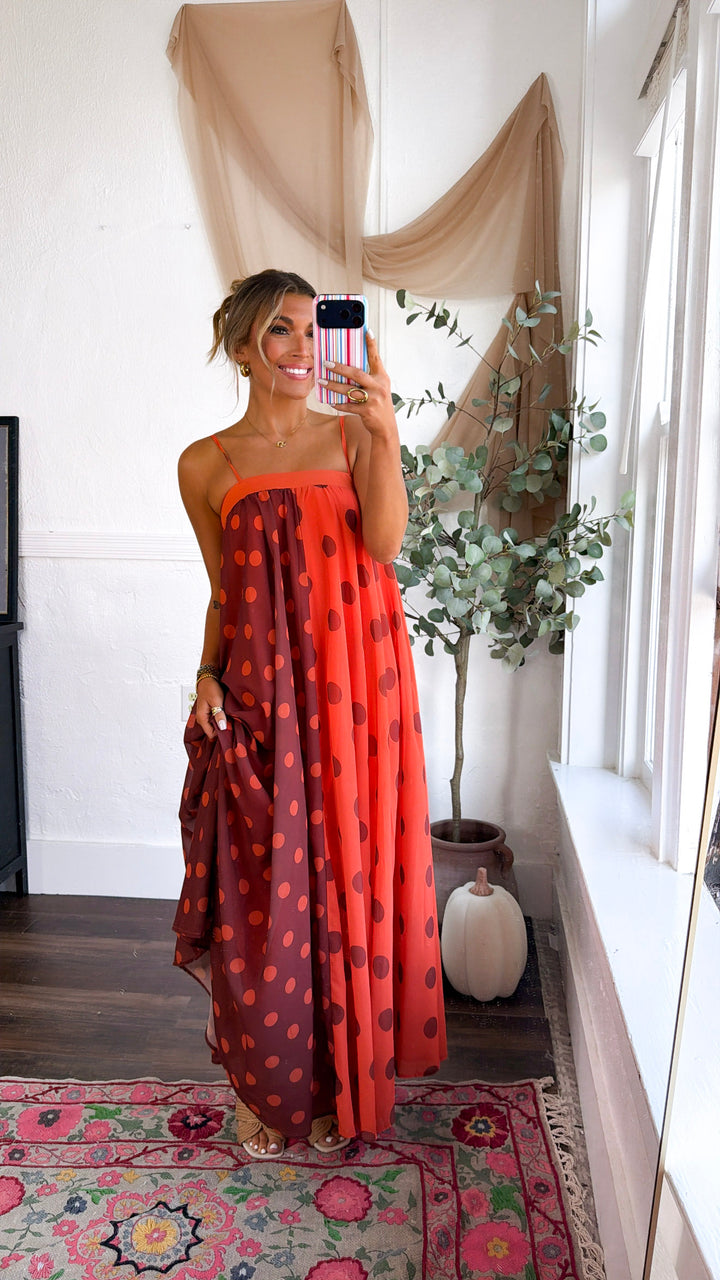 Polka Dot Color-Block Maxi Dress, Terracotta/Orange
