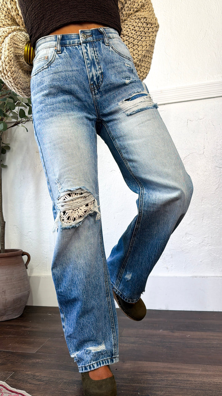 Crochet Distressed Detailed Jeans, Medium Light
