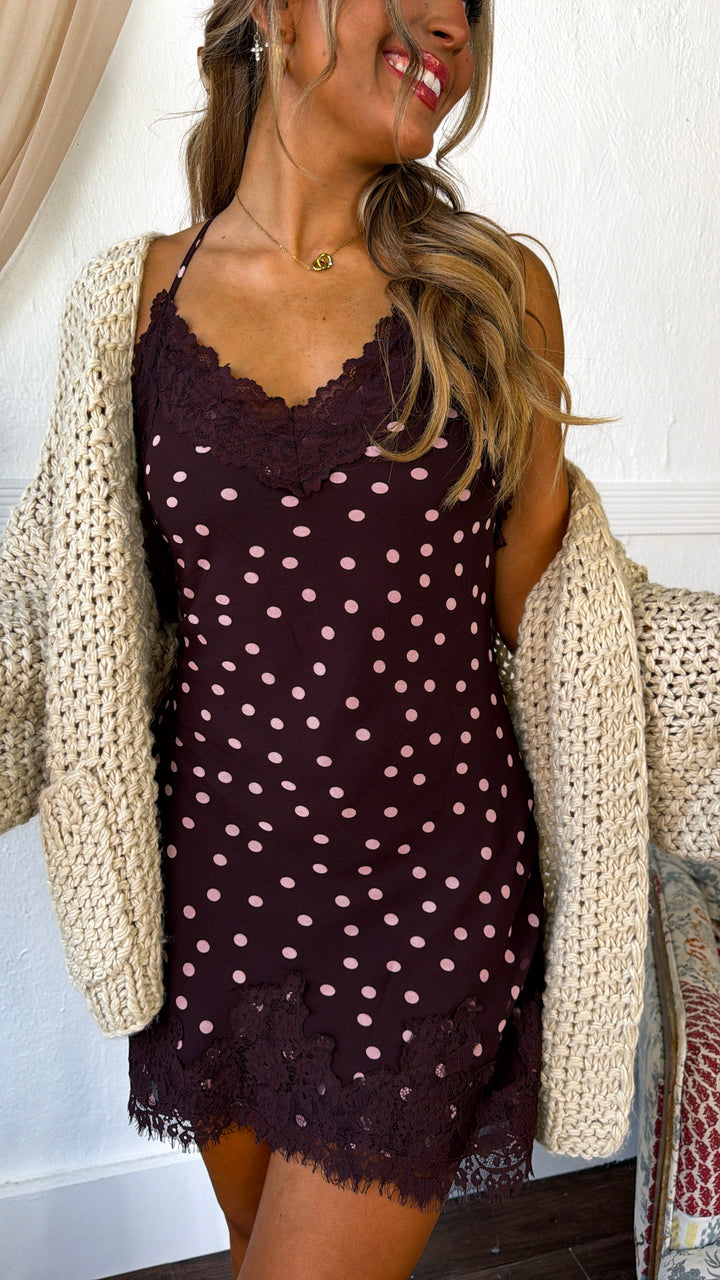 Polka Dot Silk Mini Dress, Fairly Plum